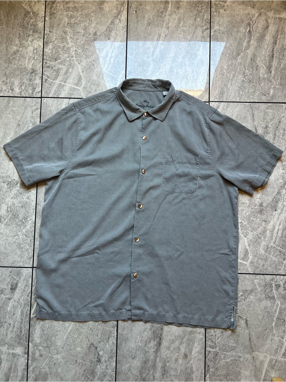Tommy Bahama Mens 100%Silk S/S ButtonUp Camp Shirt Gray Micro Check Textured 2XL